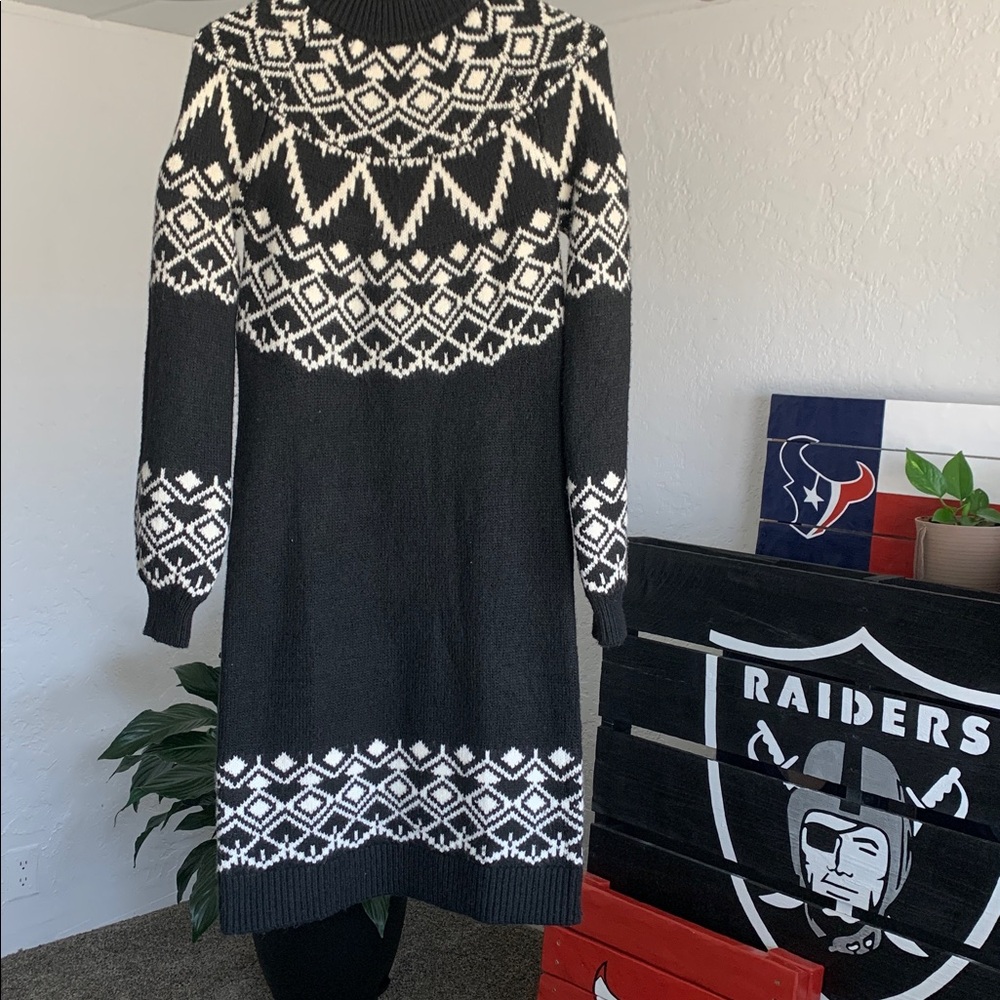Black and White Fair Isle Sweater Dress - Women